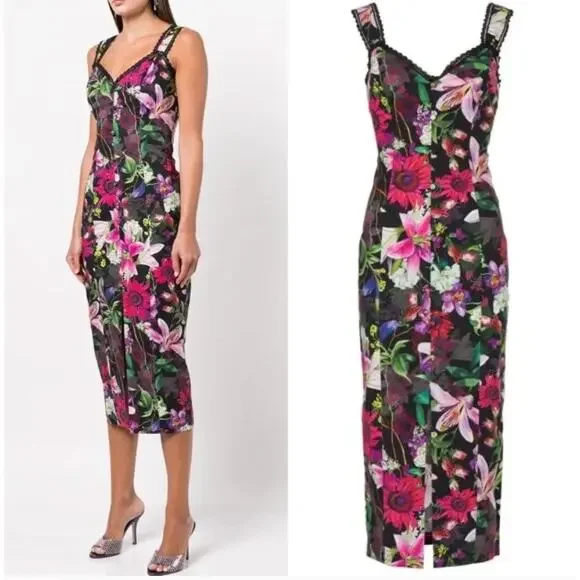 MARCHESA NOTTE Dark Floral Botanical Poplin Midi Dress Whimsy Goth Sz 12 {3Q36}